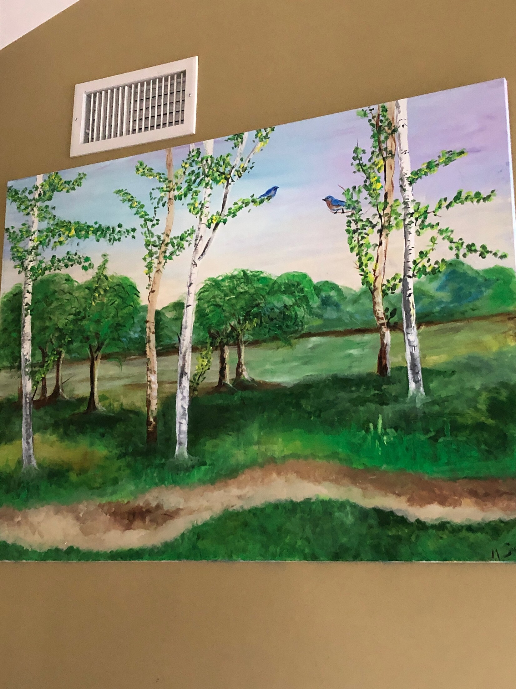 Birch grove painting with a curving path and two bluebirds